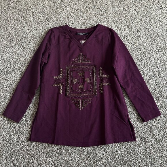 Susan Graver Artisan Small Long Sleeve V-Neck Shirt Beaded Geometric Design - Picture 2 of 10
